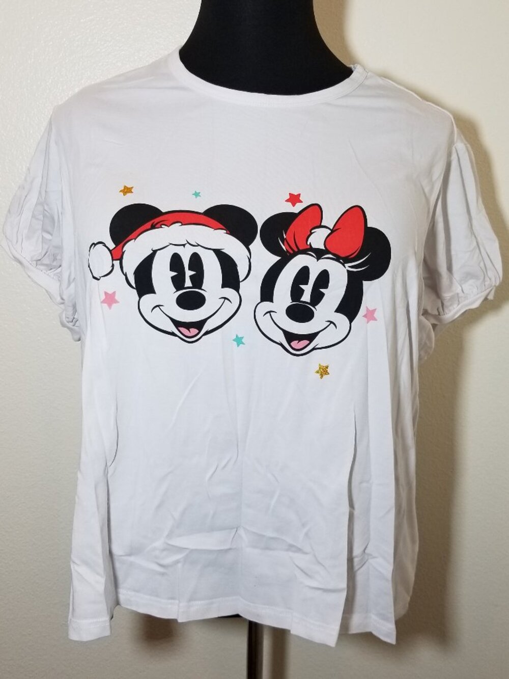 Disney Parks Womens 1X‎ Puff Sleeve Top Mickey Minnie Christmas Santa Candy Cane